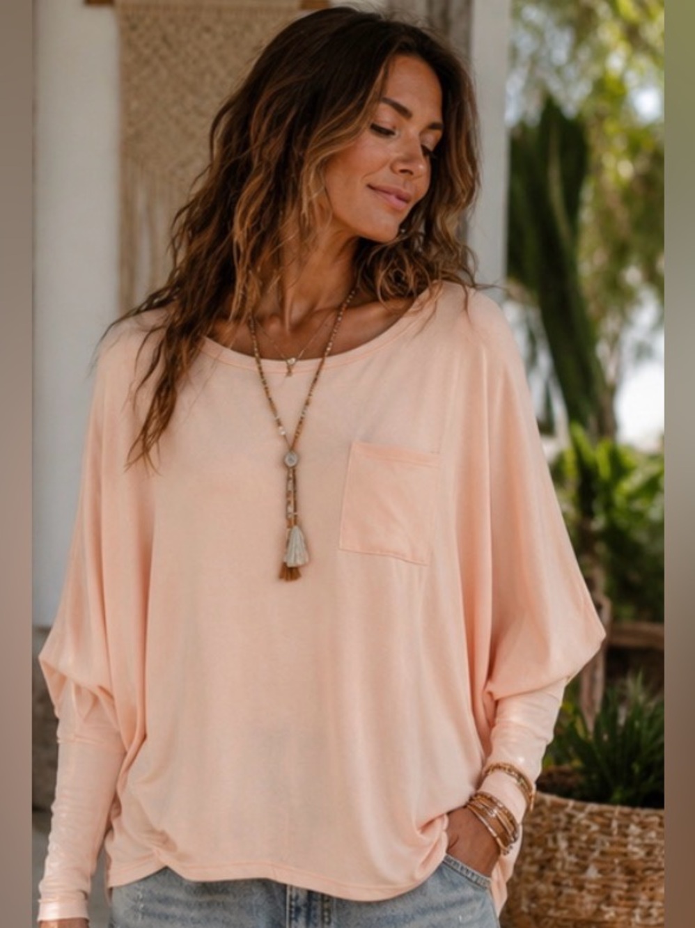 Zenana Peach Plus Dolman Long Sleeve Tee Top Soft Boho